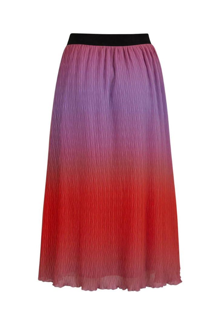 Jupe plissée dégradé avec nuances de rouge et violet, bande élastique noire, longueur jusqu'aux mollets.