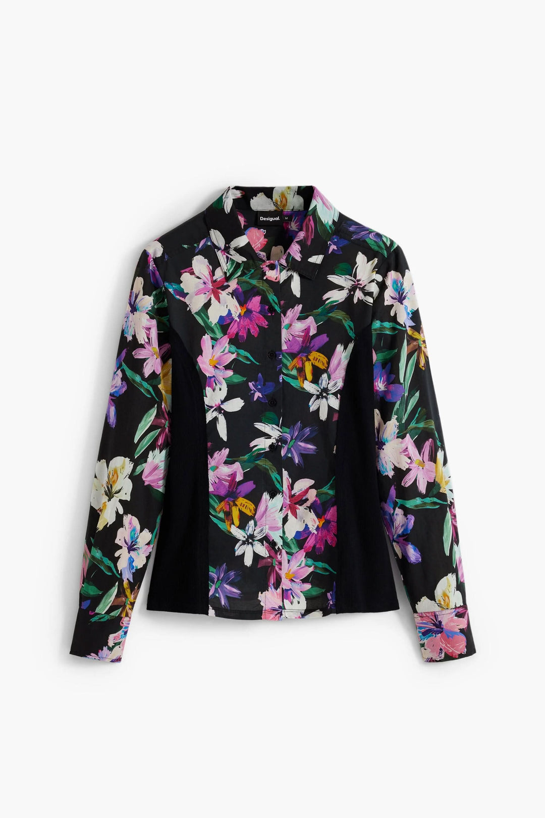 Chemise à fleurs colorées sur fond noir, coupe ajustée et manches longues, chic et confortable.