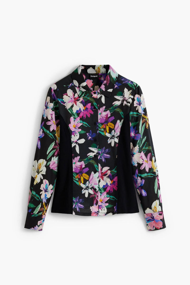 Chemise à fleurs colorées sur fond noir, coupe ajustée et manches longues, chic et confortable.