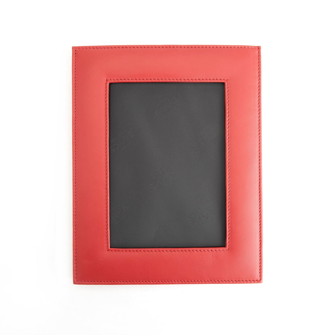 5" x 7" leather picture frame in vibrant red, perfect for showcasing cherished photos with elegant design.
