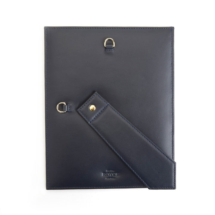 Elegant navy leather picture frame with drop-down door and gold hardware, perfect for personalizing cherished memories.