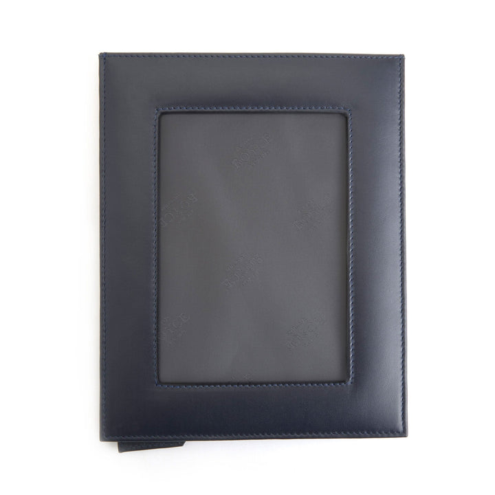 5x7 navy leather picture frame with drop-down door for easy access to memories.