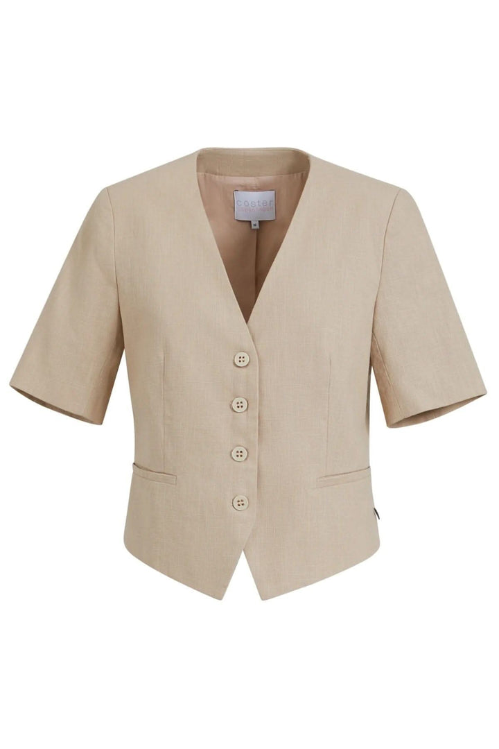Blazer court à manches courtes beige avec col V et fermeture boutonnée, parfait pour l'été.