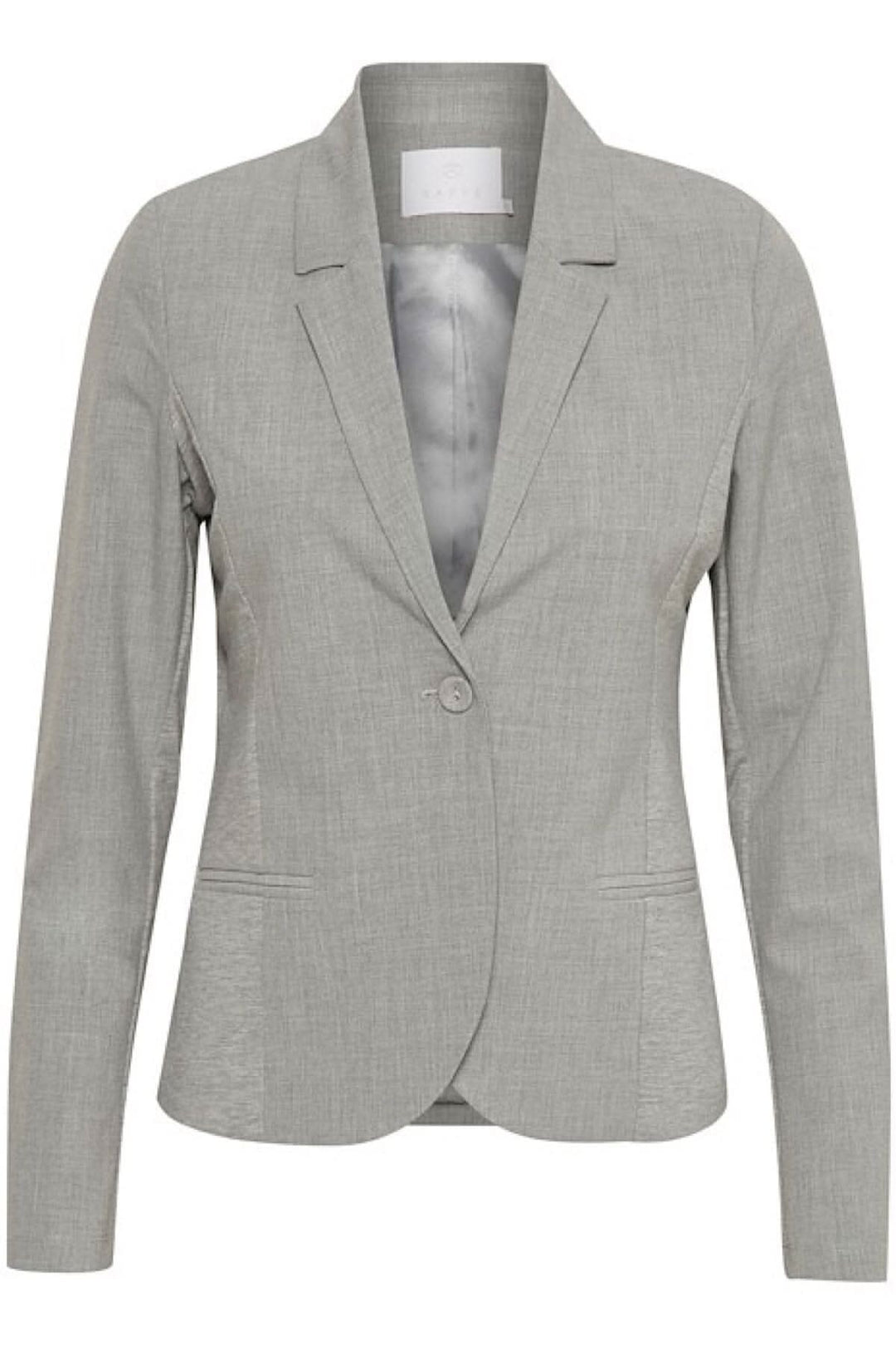 Veston blazer Kajillian gris avec bouton et poches, parfait pour un look chic au bureau ou à un événement.