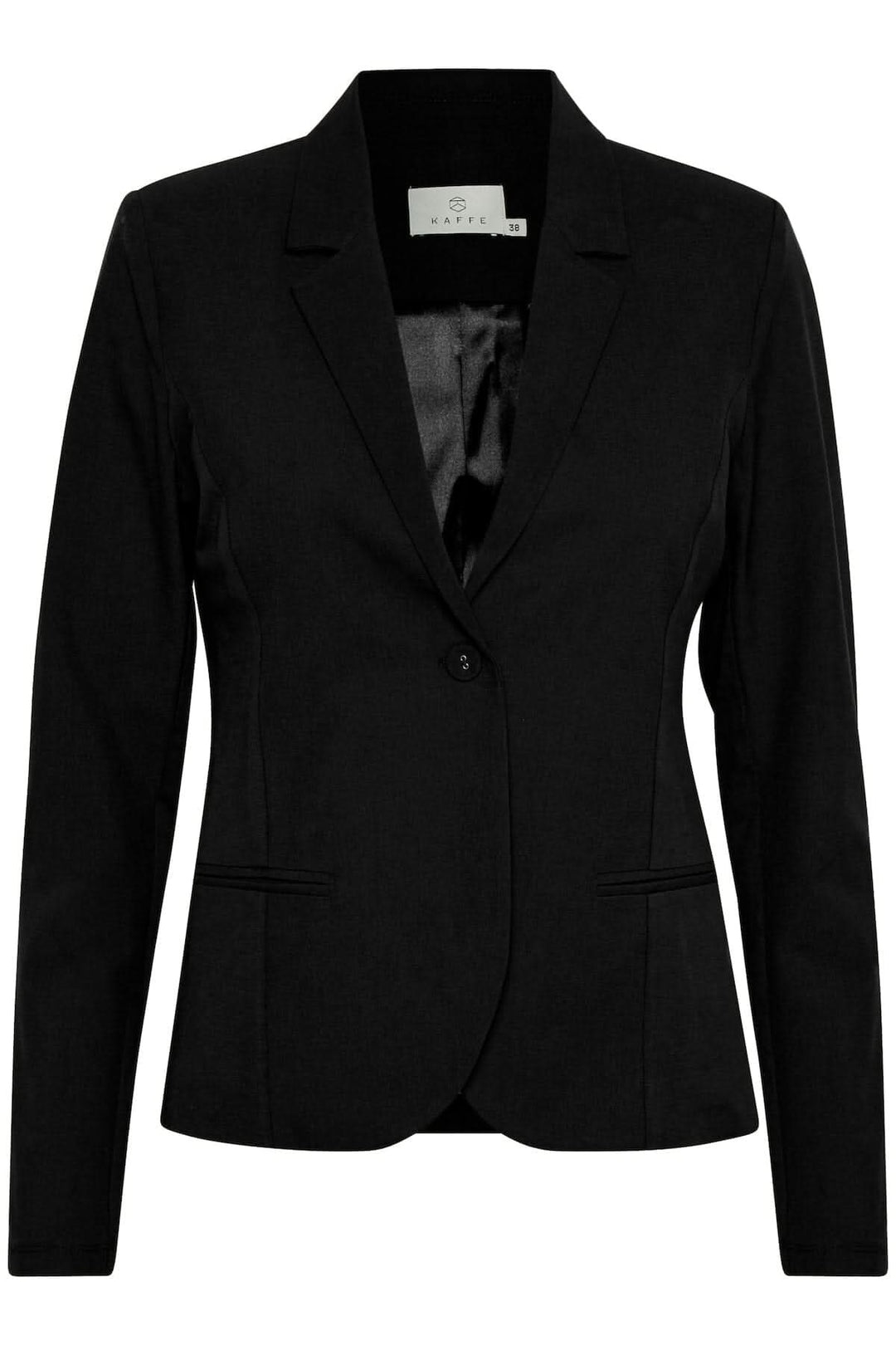 Blazer Kajillian noir élégant avec un bouton et poches, idéal pour le bureau ou des événements, coupe régulière.