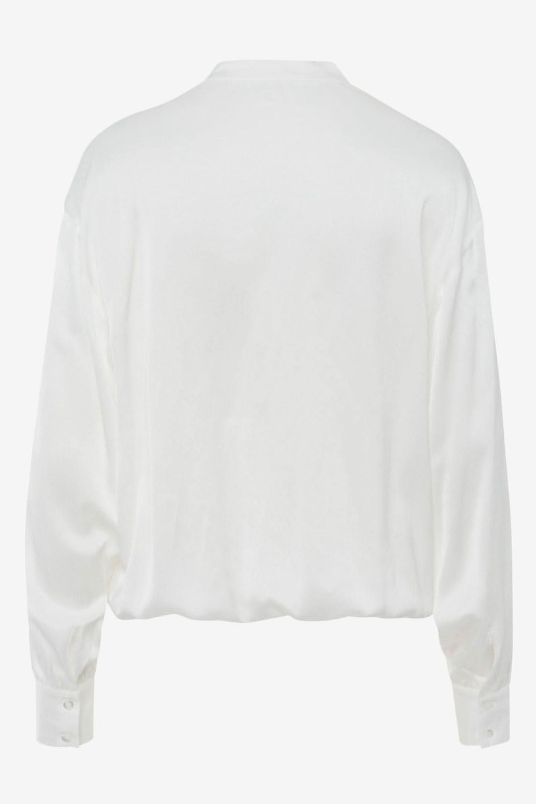 Blouse soyeuse Viv blanche, dos avec manches bouffantes et col montant, style décontracté et confortable.