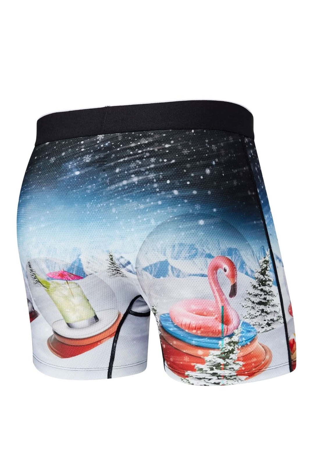 Boxer Vibe flamant rose avec motif de flamants roses et parapluies sur fond de neige.