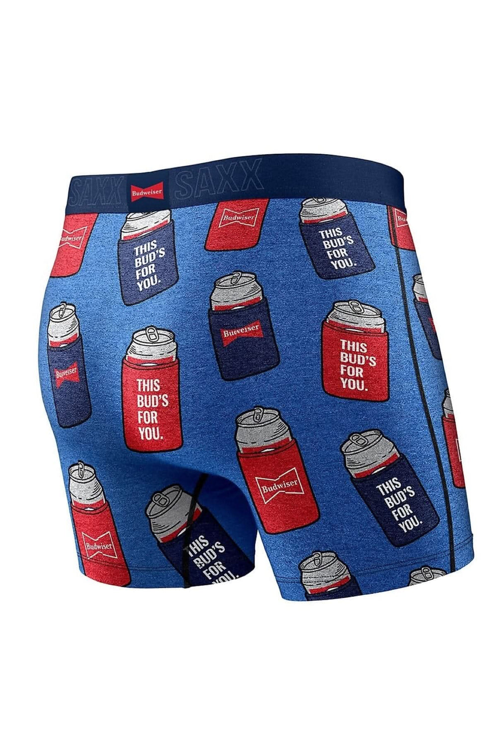 Boxers SAXX Budweiser de la collection Vibe, coupe ajustée, tissu respirant, motif canettes colorées.