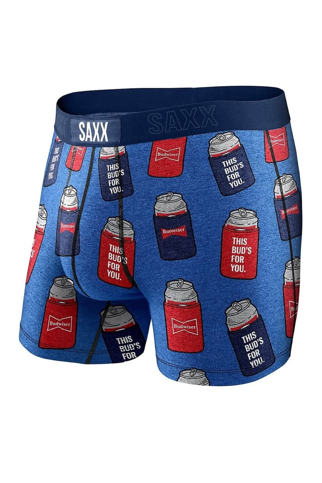 Boxer SAXX Budweiser de la collection Vibe, en tissu respirant avec motif de canettes.