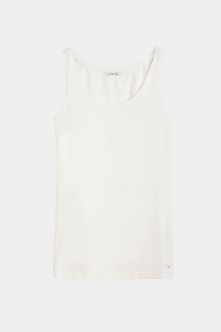 Camisole d'été blanche sans manches avec col rond, basique et confortable, idéale pour l'été.