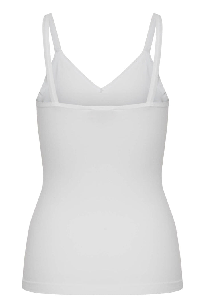 Camisole Hydda blanche, à bretelles minces, col en V, coupe ajustée, idéale à porter seule ou sous un vêtement.