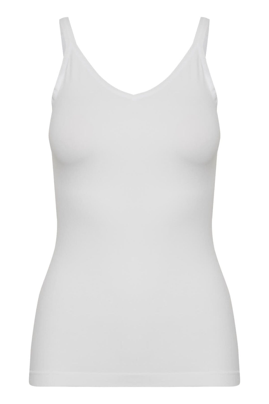 Camisole Hydda blanche à bretelles élastiques et col en V, coupe ajustée, idéale pour un usage seul ou sous un vêtement.