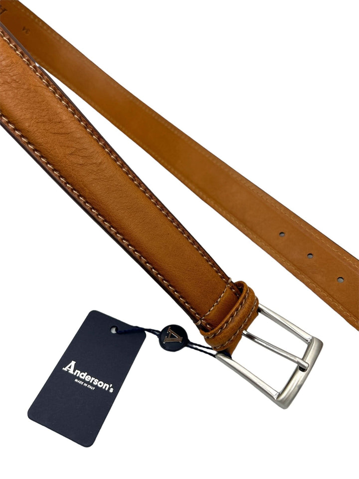 Ceinture en cuir italienne tan Anderson's avec boucle argentée et étiquette de marque.