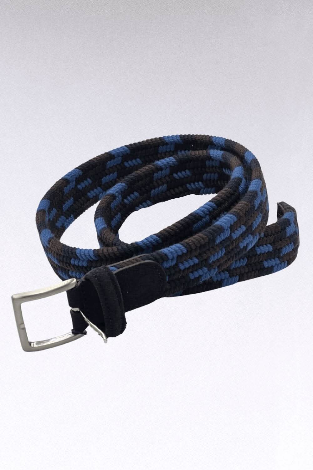 Ceinture en laine tressée noire et bleue avec boucle ardillon, fabriquée en Italie. Élégante et confortable.