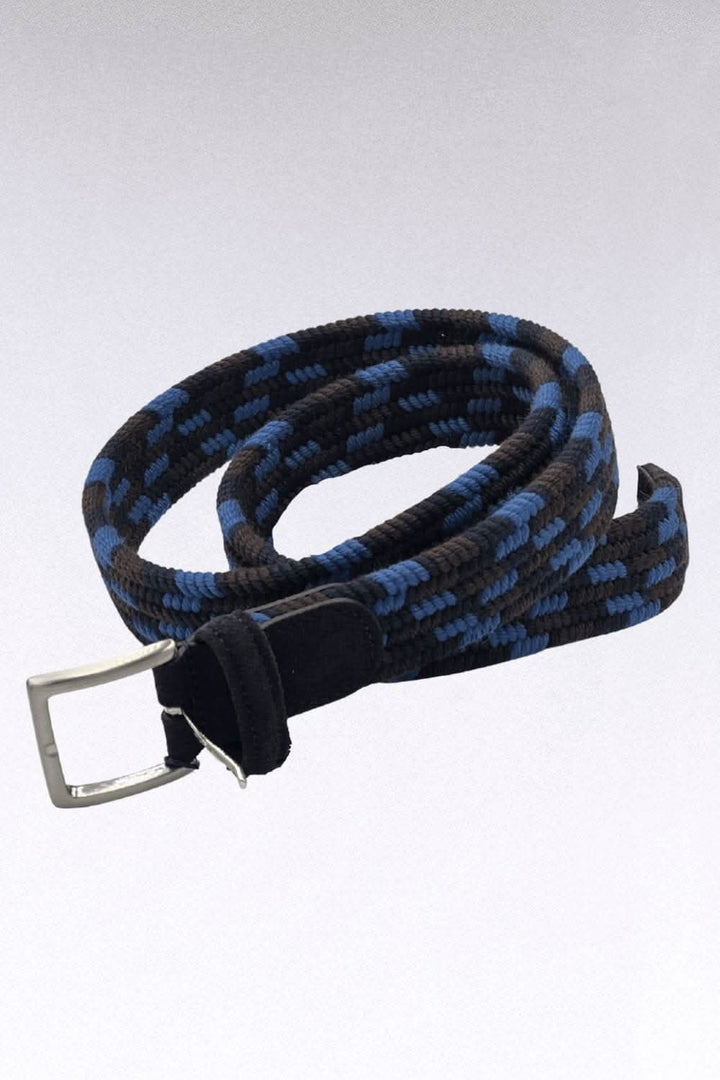 Ceinture en laine tressée noire et bleue avec boucle ardillon, fabriquée en Italie. Élégante et confortable.