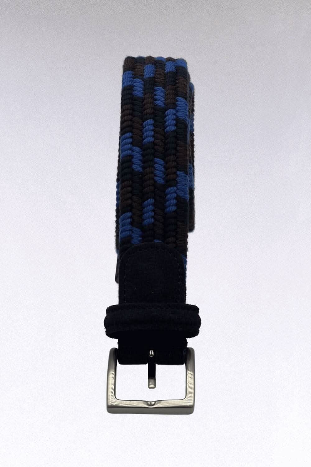 Ceinture en laine tressée multicolore avec boucle en métal, fabriquée à la main en Italie, style élégant.