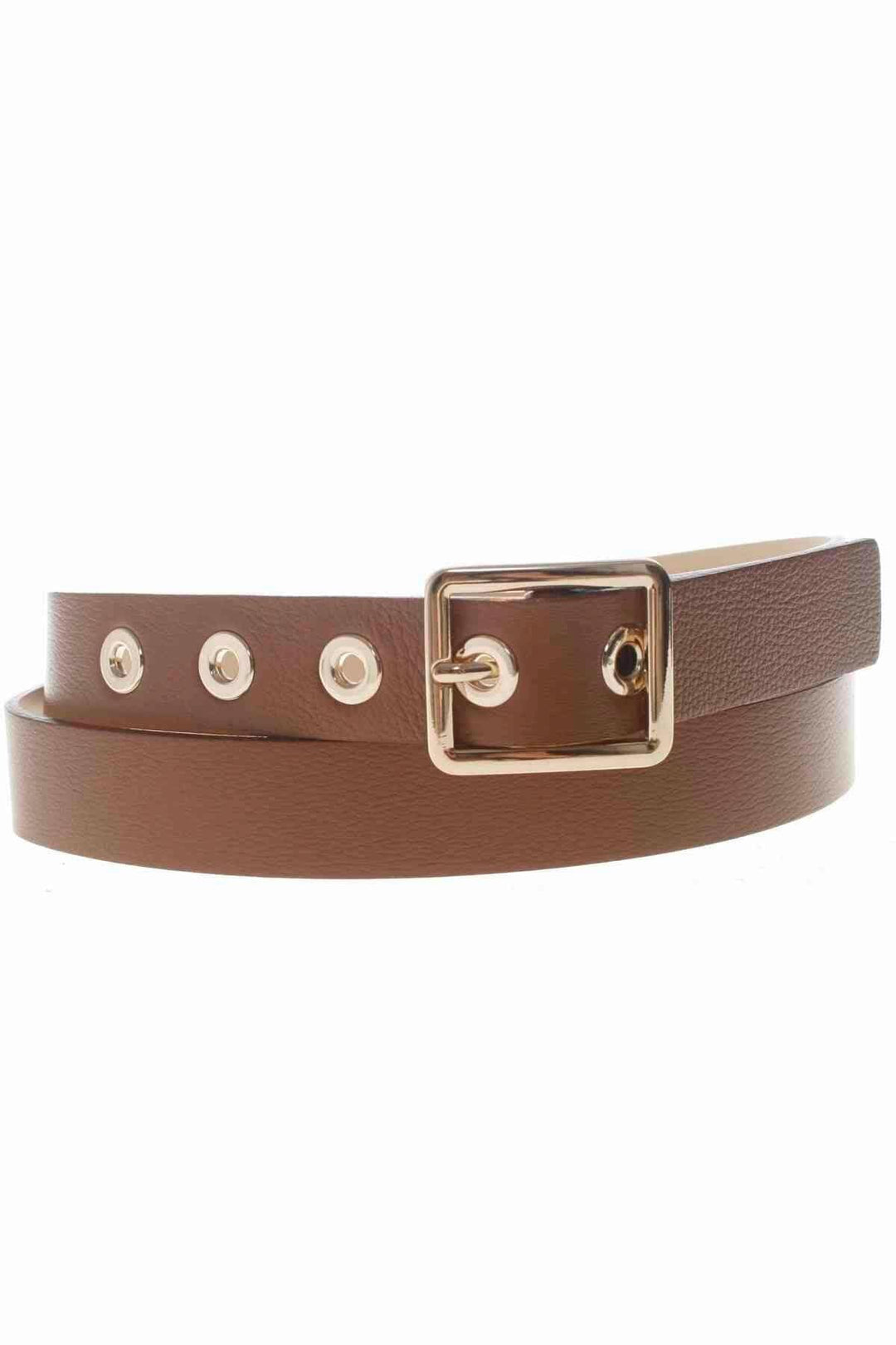 Ceinture en cuir souple avec boucle en or clair et œillets en or clair, style élégant et moderne.