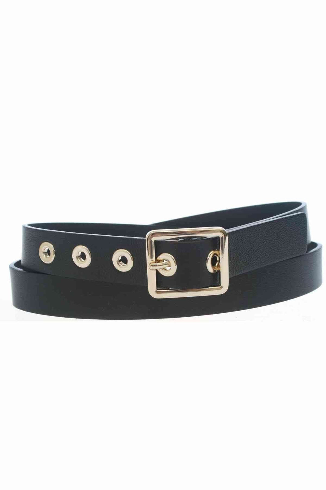 Ceinture en cuir noir avec boucle en or et œillets en or, design élégant et chic, idéale pour tous les styles.