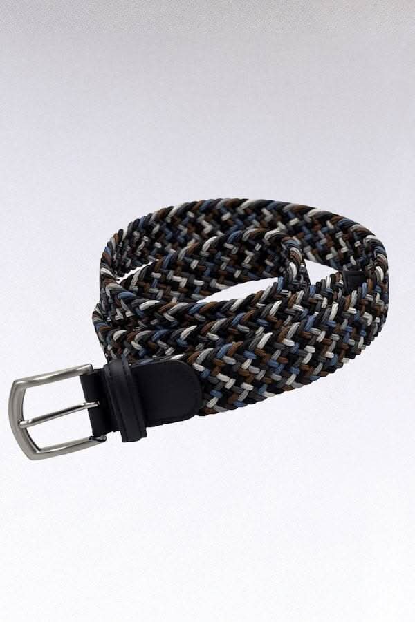 Ceinture tressée en tissu extensible avec boucle en acier et garniture en cuir, fabriquée en Italie.
