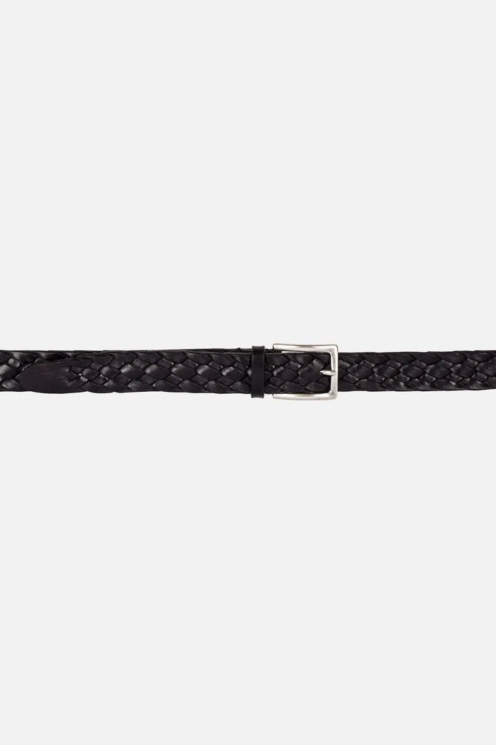 Ceinture tressée en cuir noir avec boucle en nickel vieillie, style européen, largeur 3 cm.