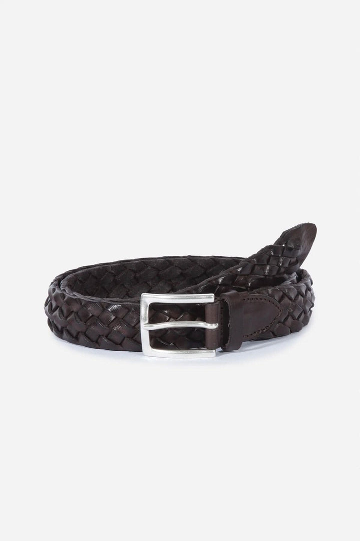 Ceinture tressée Norvegia en cuir véritable, marron foncé, boucle en nickel vieilli, fabriquée en Italie.
