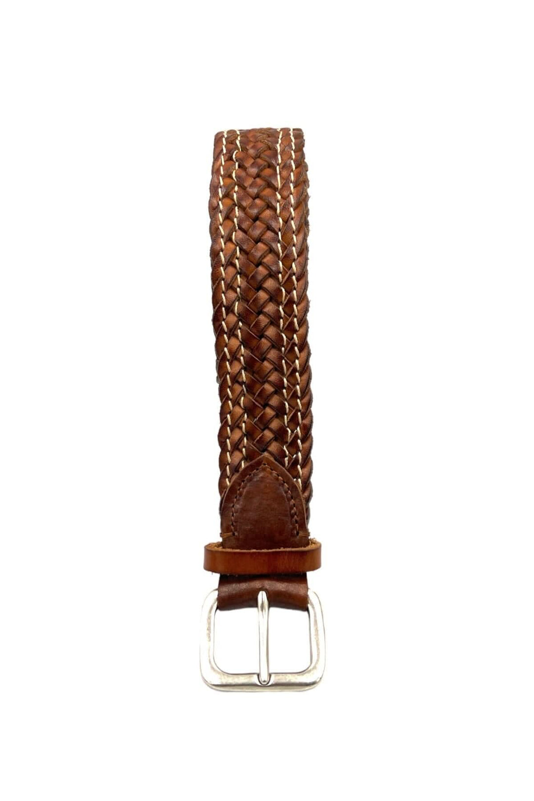 Ceinture tressée en cuir véritable marron de Gavazzeni avec boucle en nickel vieilli, 3 cm de large.