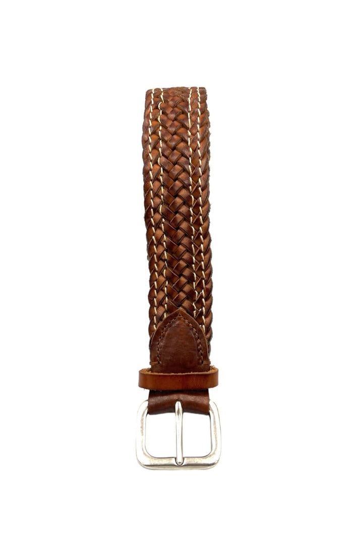 Ceinture tressée en cuir véritable marron de Gavazzeni avec boucle en nickel vieilli, 3 cm de large.