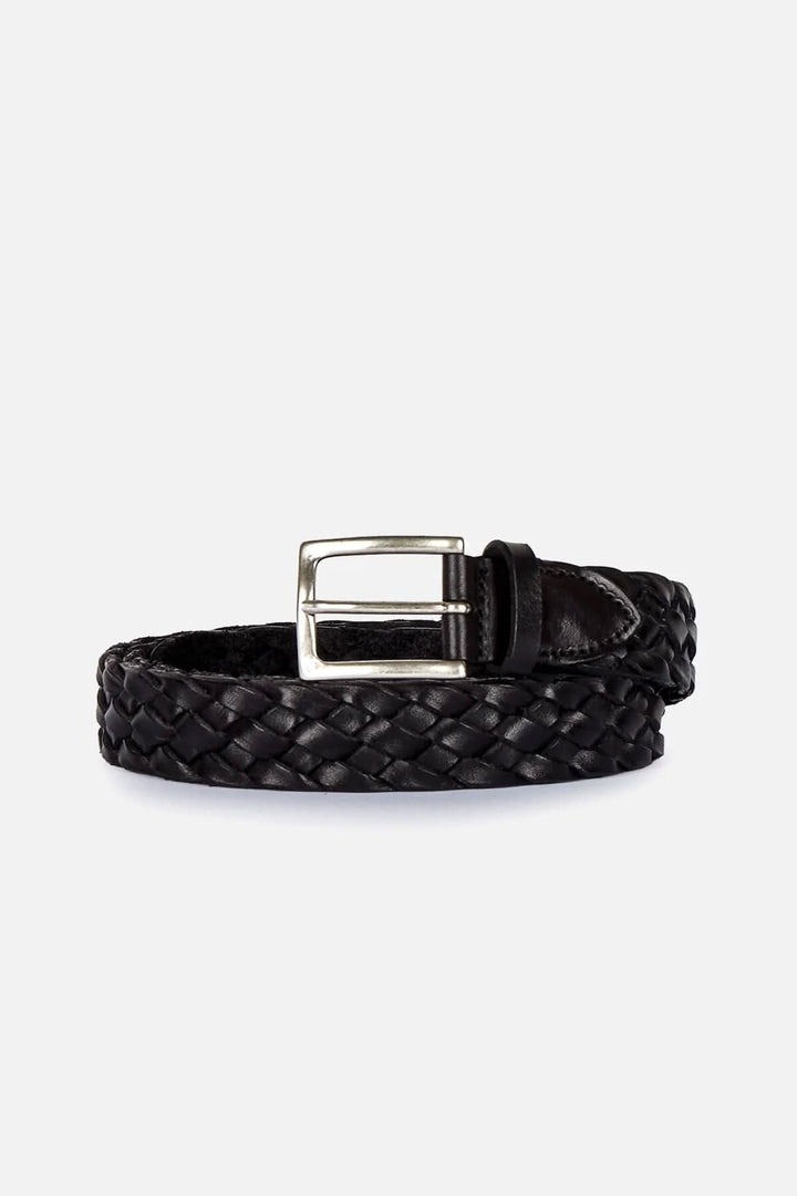 Ceinture tressée en cuir noir de Gavazzeni avec boucle en nickel vieilli, largeur 3 cm.