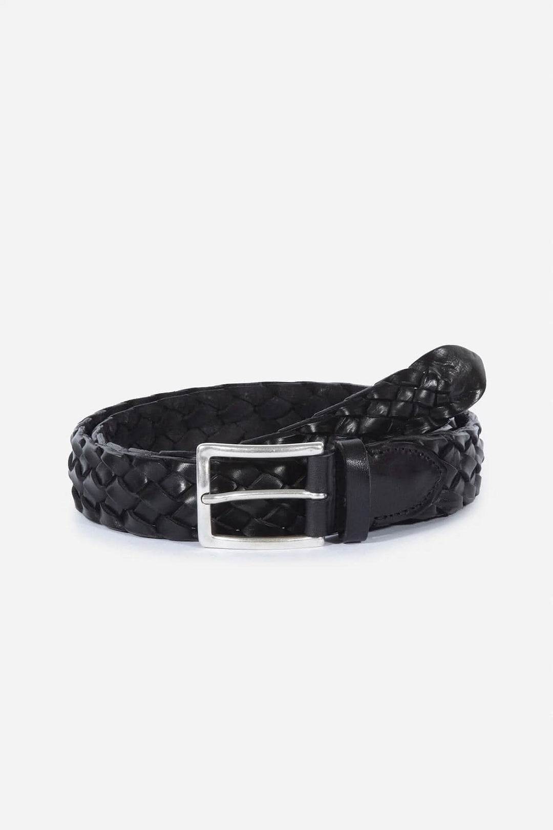 Ceinture tressée en cuir noir avec boucle en nickel vieilli, élégante et fabriquée en Italie.