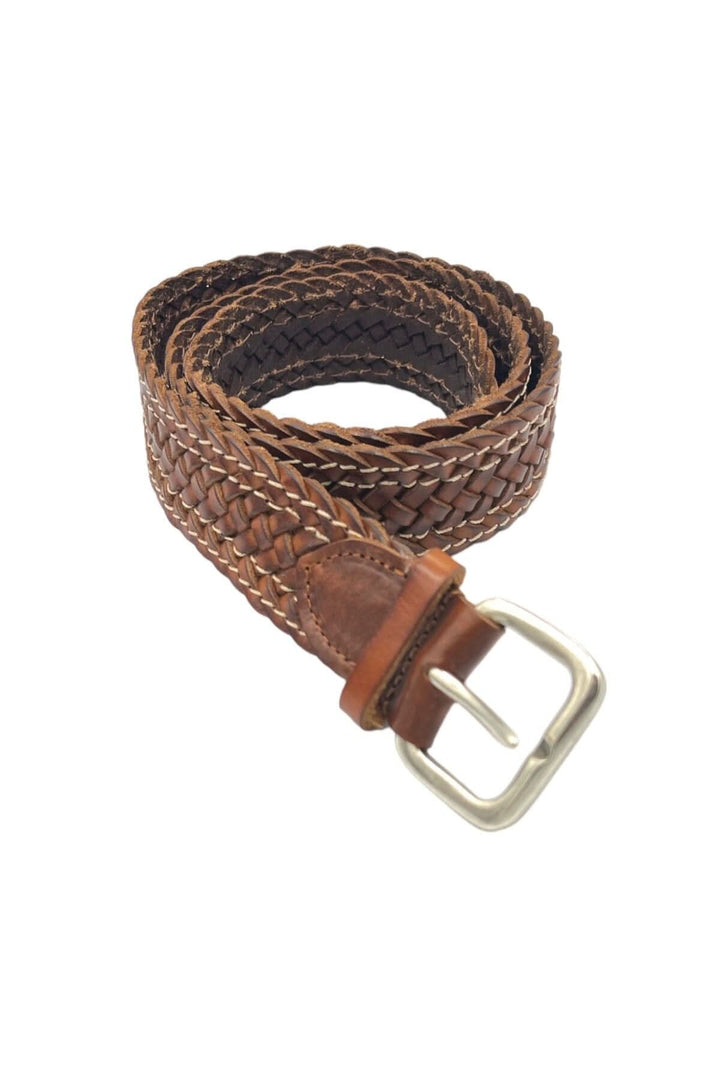 Ceinture tressée en cuir véritable marron avec boucle en nickel vieilli, large de 3 cm, fabriquée en Italie.