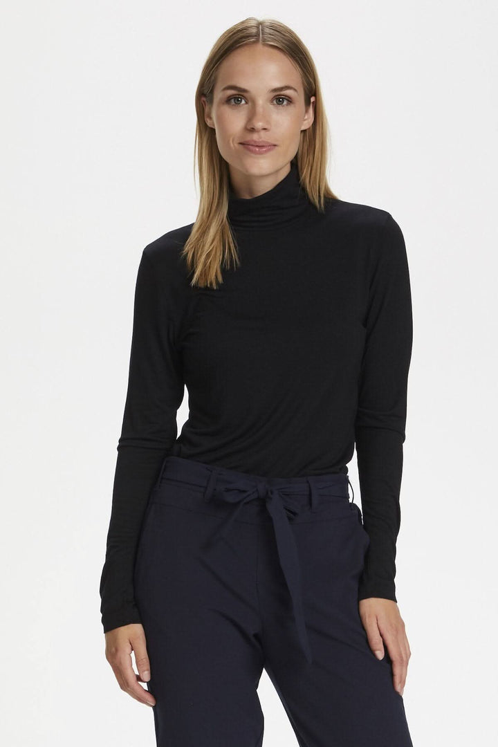 Chandail à col roulé noir, coupe ajustée, manches longues, matière viscose et élasthanne, pour un look élégant.