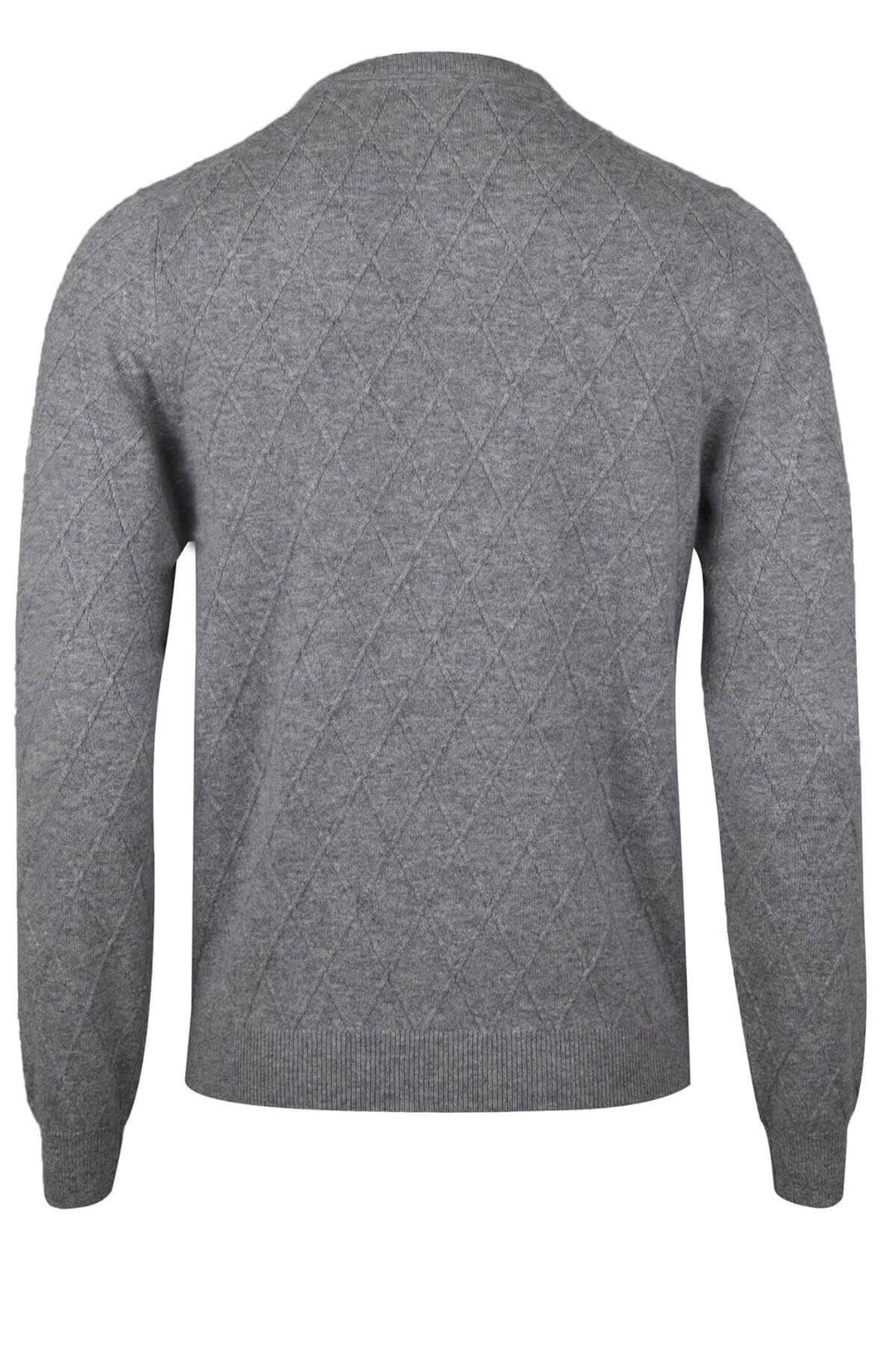 Chandail en cachemire texturé gris avec motif Harlequin, dos, col rond, coupe semi-ajustée.