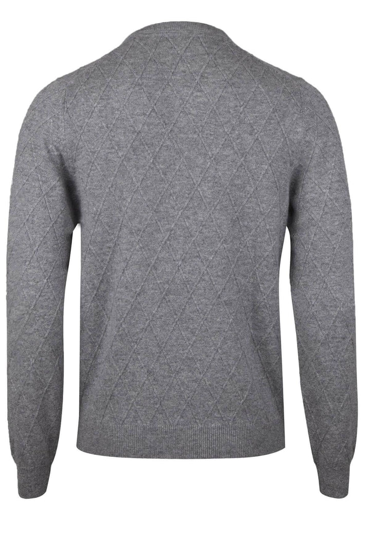 Chandail en cachemire texturé gris avec motif Harlequin, dos, col rond, coupe semi-ajustée.