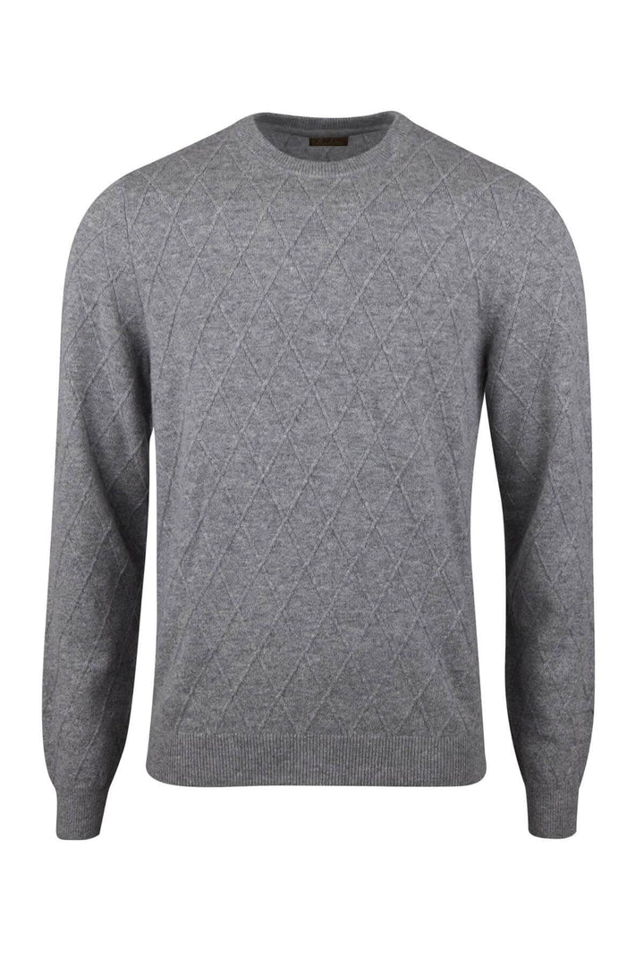 Chandail en cachemire texturé gris avec motif Harlequin et col rond, coupe semi-ajustée.