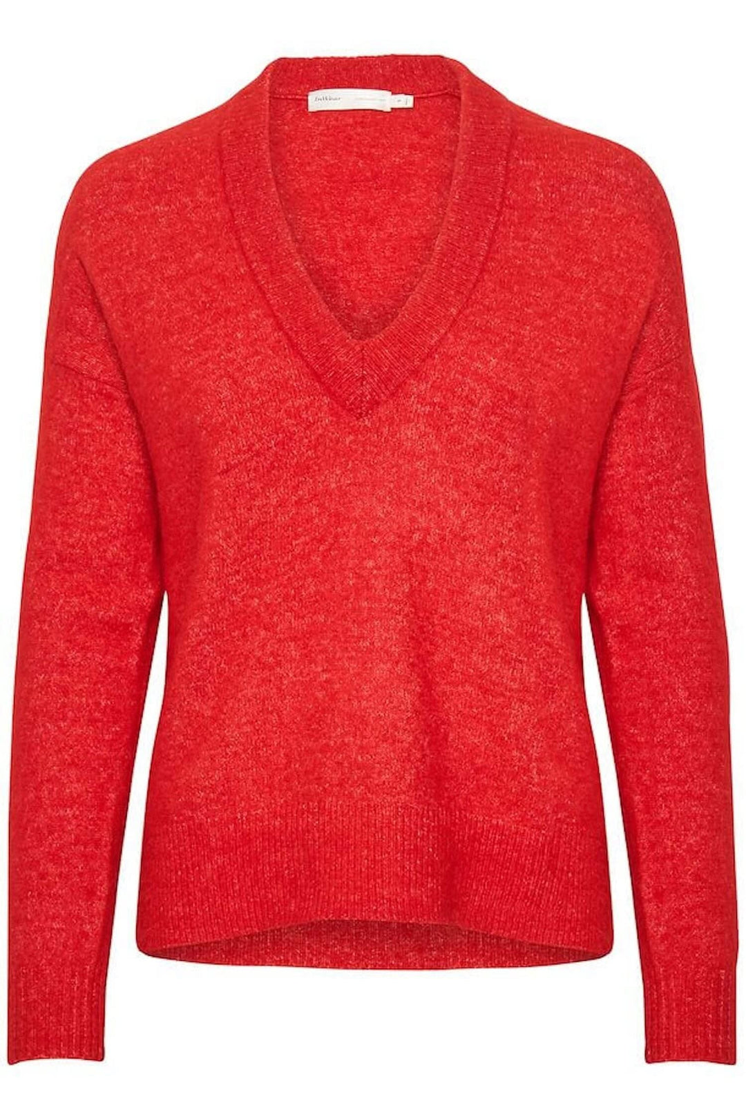 Chandail Papina rouge en V, coupe décontractée, 32% alpaga, 32% laine, 30% polyamide, 6% élasthanne.