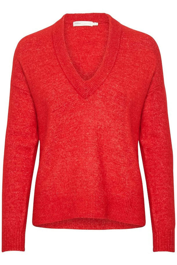 Chandail Papina rouge en V, coupe décontractée, 32% alpaga, 32% laine, 30% polyamide, 6% élasthanne.