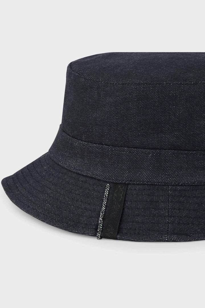 Chapeau en tissu de coton bleu indigo, style seau avec bord surpiqué et bandeau décoratif