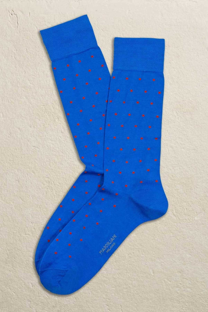 Chaussettes italiennes Marcoliani bleues à pois rouges, modernes et stylées, 72% coton et 28% polyester.