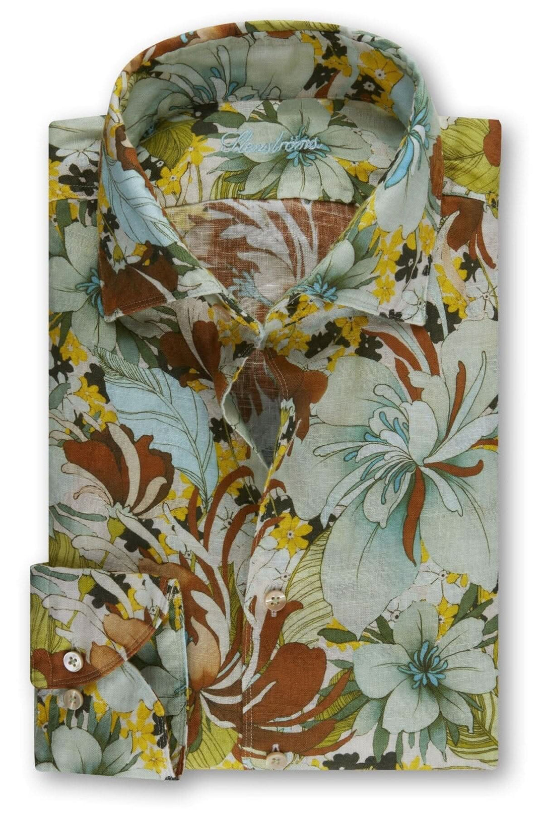Chemise fleurie en lin de Stenströms avec col à découpe modérée et motifs floraux colorés.