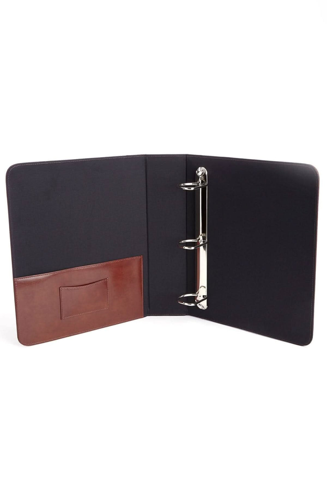 Classeur à anneaux de 1,5 po en cuir avec demi-poche et porte-cartes de visite, élégant et fonctionnel.