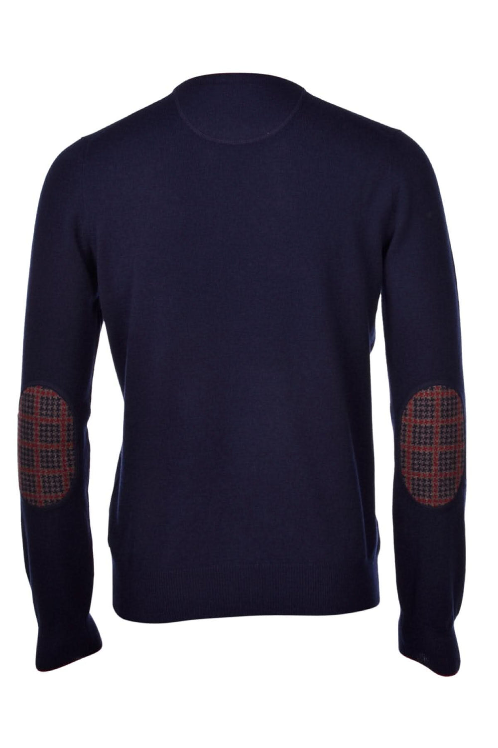 Pull en cachemire bleu marine avec patchs en tweed aux coudes, coupe semi-ajustée, fabriqué en Italie.