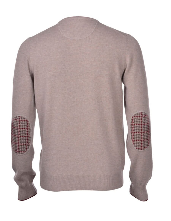 Pull en cachemire beige avec patchs en tweed aux coudes, à col rond, style élégant britannique, fabriqué en Italie.