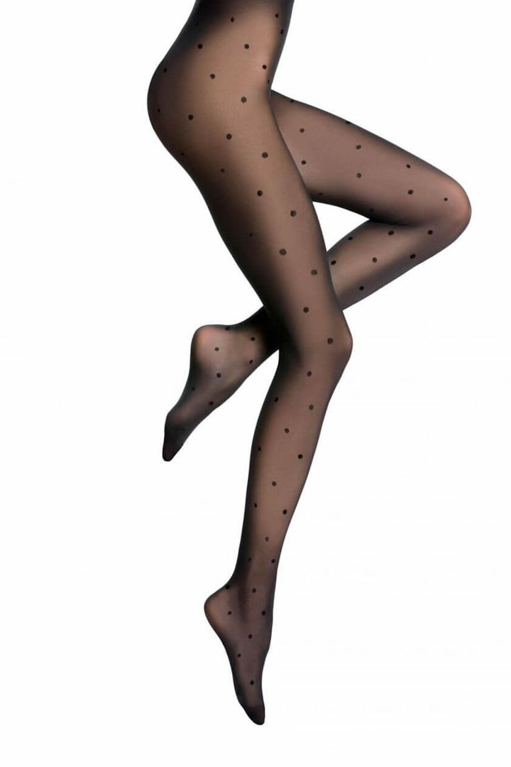 Collants semi-opaques à pois noirs, composition 82% polyamide et 18% lycra, style classique et élégant.