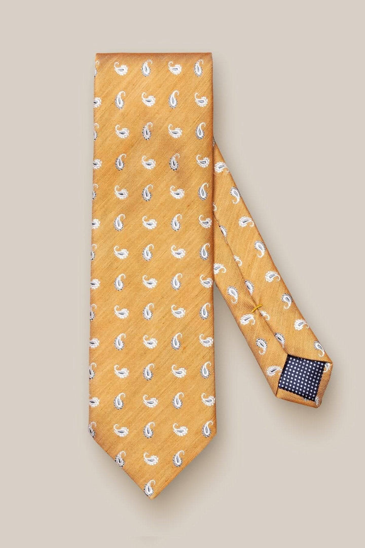 Cravate en soie et lin jaune à motifs en paisley, idéale pour les affaires et les soirées romantiques.