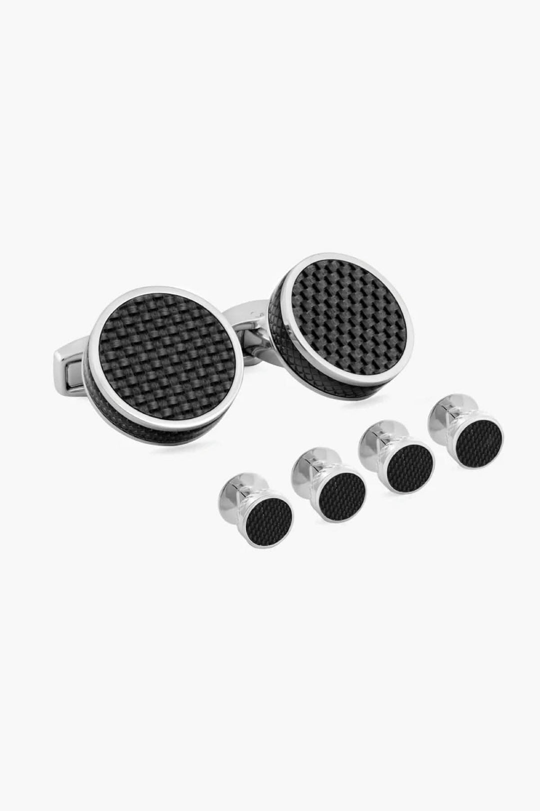Ensemble de boutons de manchette et d'attaches en fibre de carbone noire avec finition en métal plaqué rhodium.