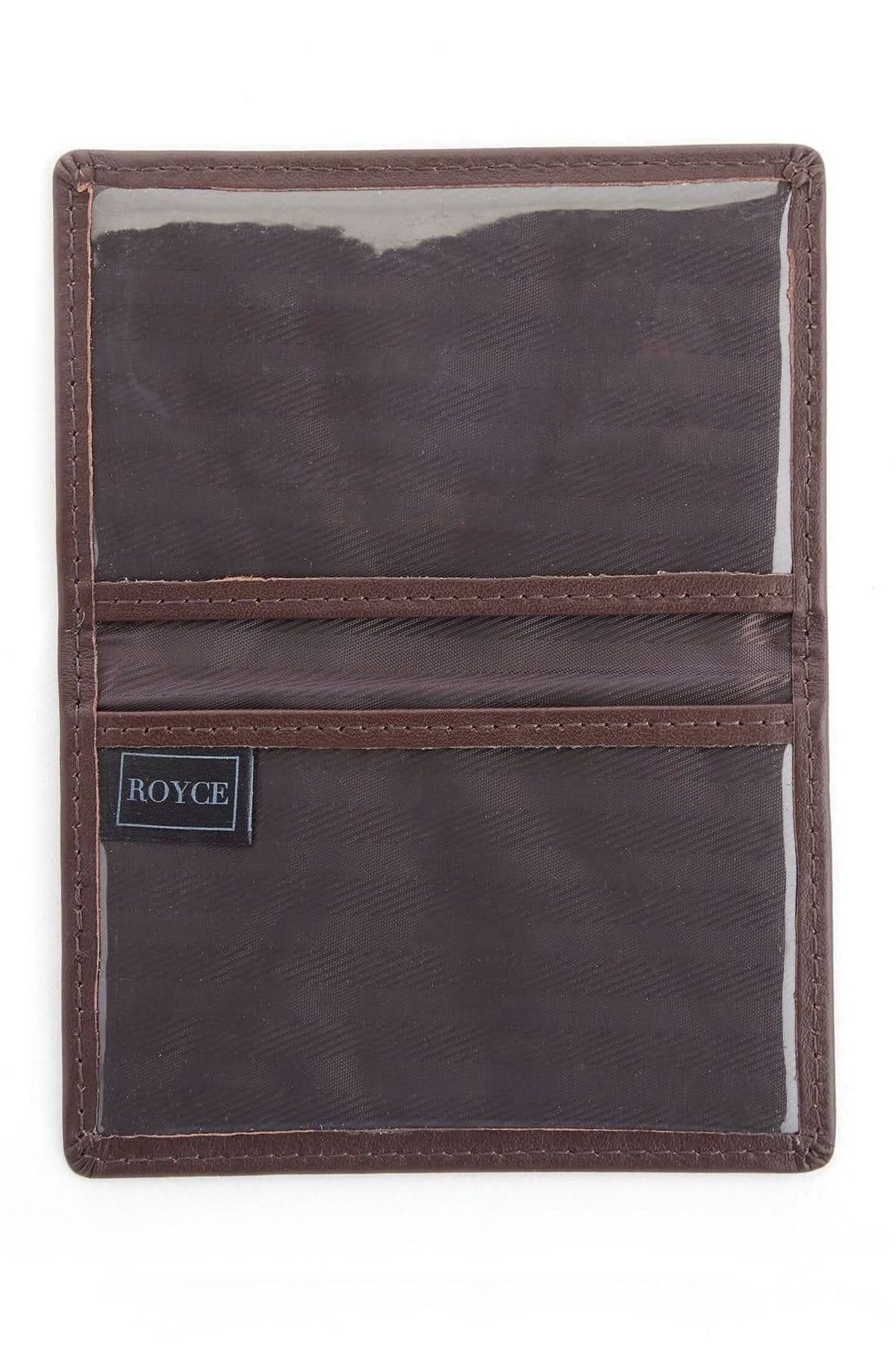 Étui compact en cuir avec deux fenêtres pour cartes, personnalisable avec monogramme, marque ROYCE.