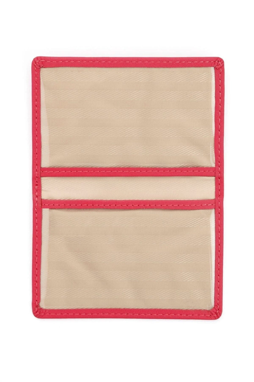 Étui compact pour cartes d'identité en cuir avec deux fenêtres, bords rouges et intérieur beige.