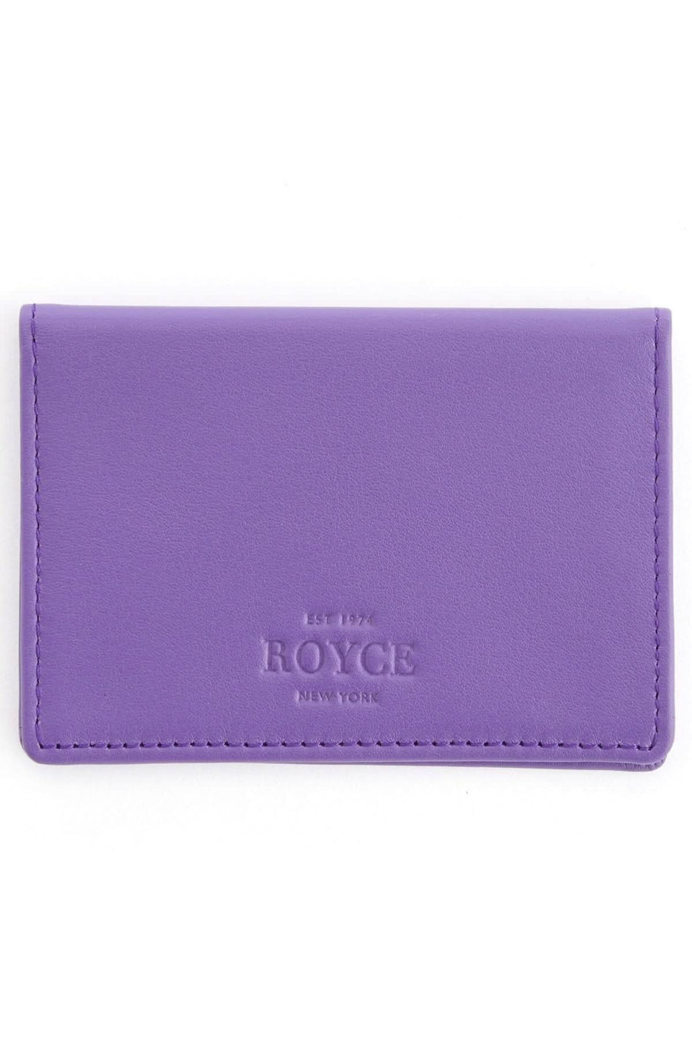 Étui compact pour cartes d'identité en cuir violet, logo ROYCE, parfait pour cartes de crédit et visites.