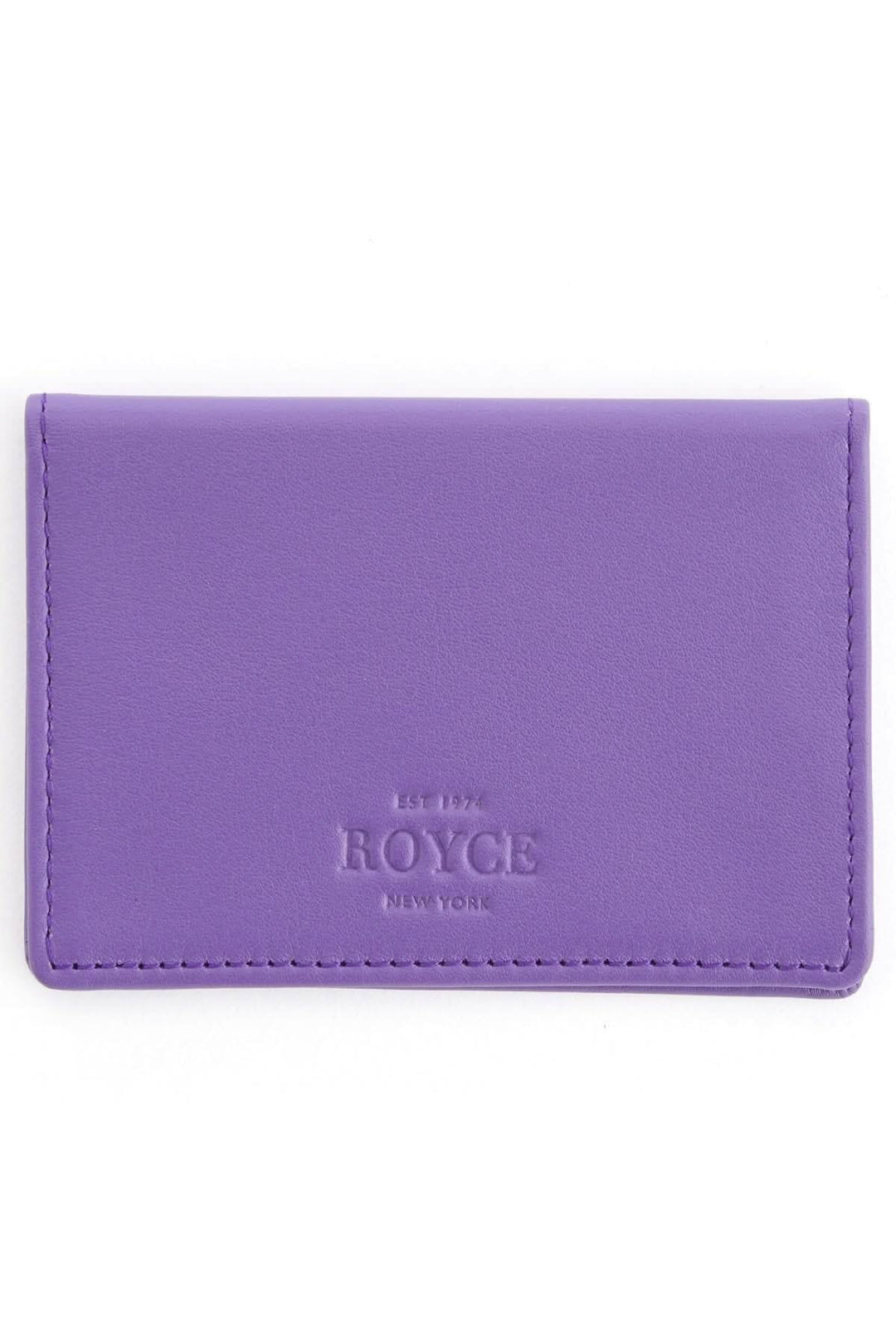 Étui compact pour cartes d'identité en cuir violet, logo ROYCE, parfait pour cartes de crédit et visites.