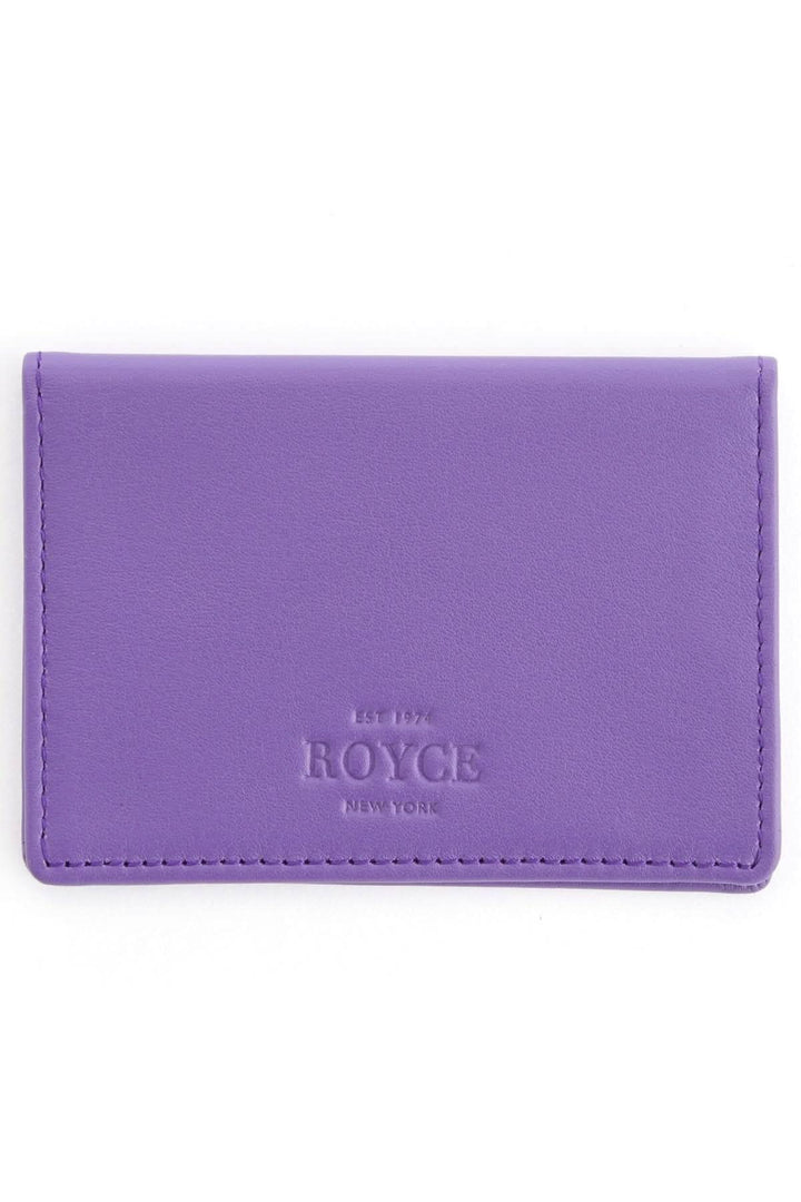 Étui compact pour cartes d'identité en cuir violet, logo ROYCE, parfait pour cartes de crédit et visites.